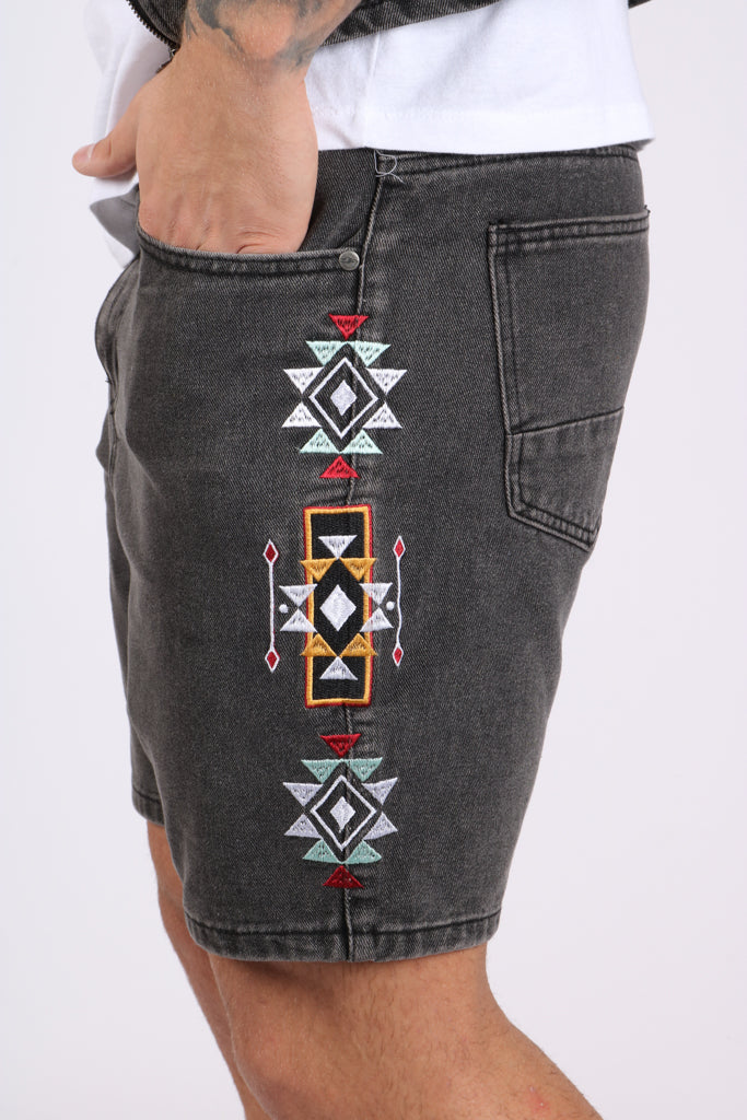 Aztec Embroidered Washed Black Denim Shorts