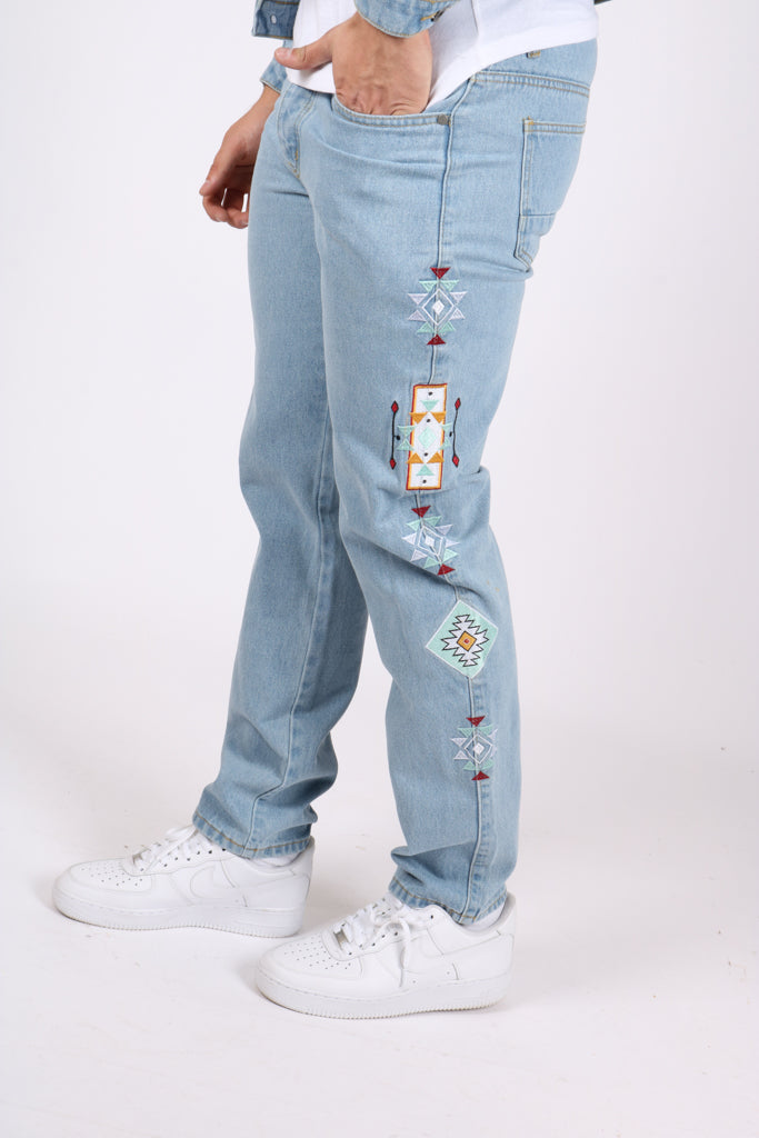 Straight Leg Jeans Co-Ord In Lightwash Blue Denim With Aztec Embroidery
