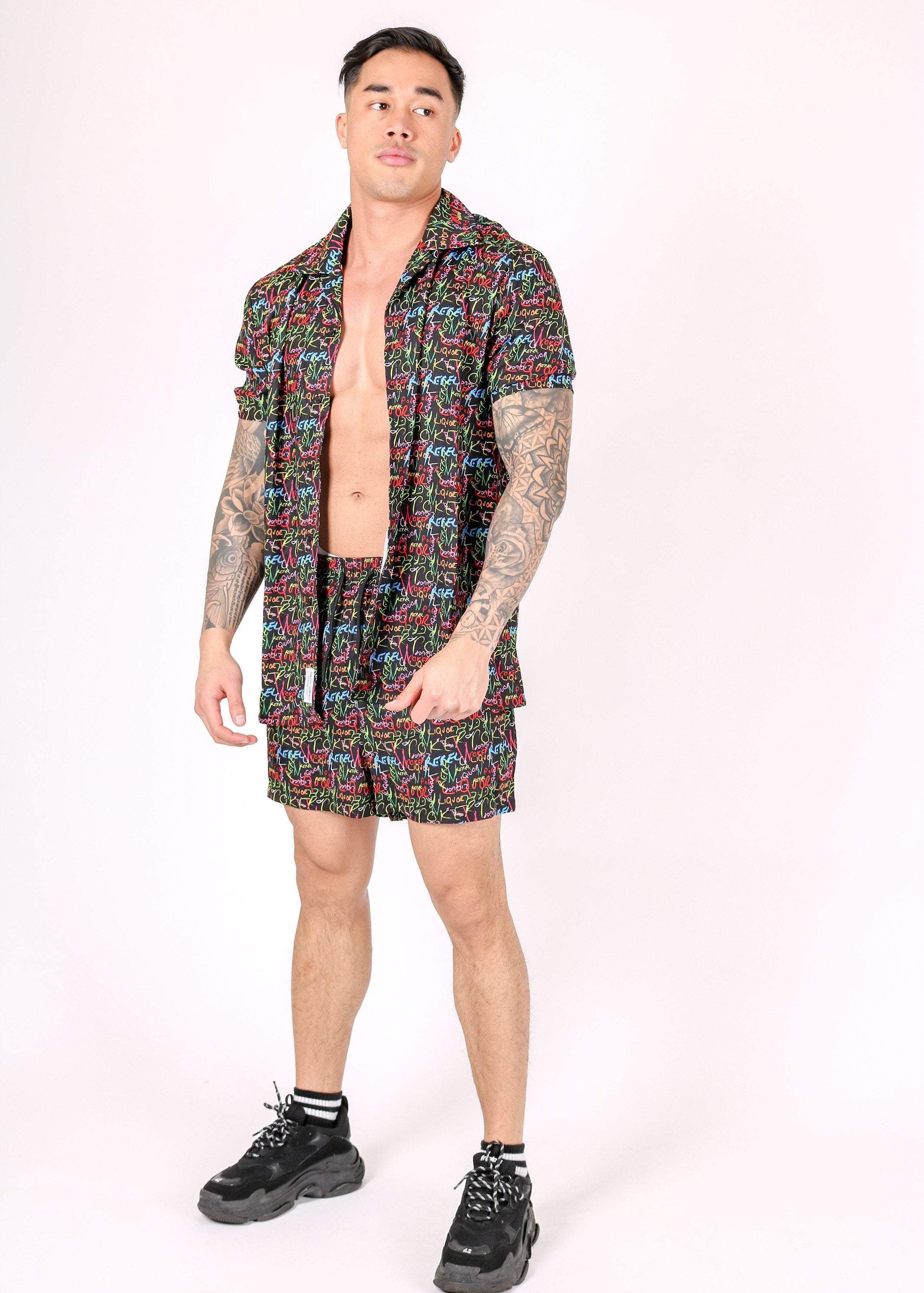 DOWNTOWN GRAFFITI PRINTED REVERE COLLAR SHIRT - Liquor N Poker LIQUOR N POKER