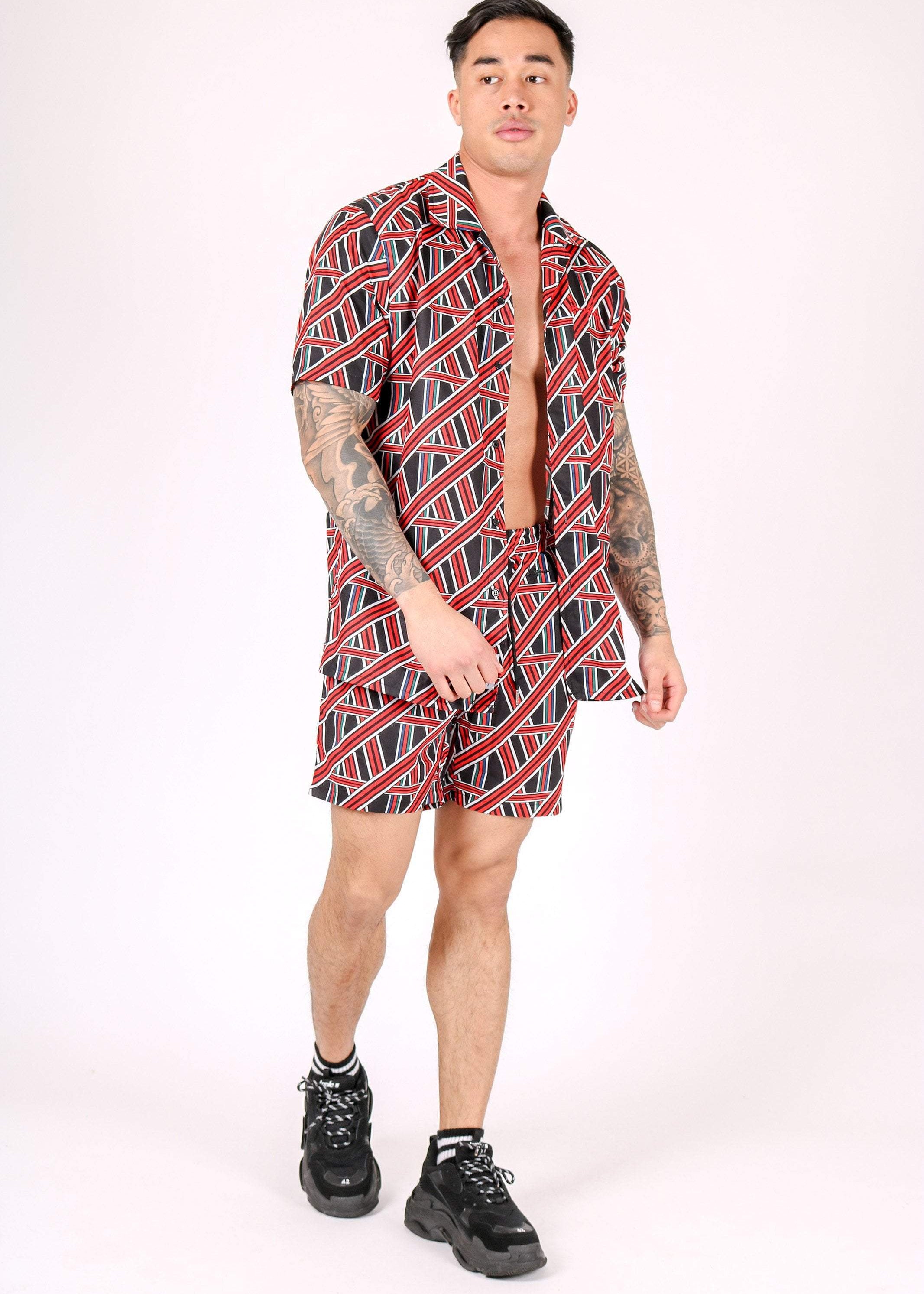 REVERE COLLAR SHIRT IN GEOMETRIC RED PRINT - Liquor N Poker LIQUOR N POKER