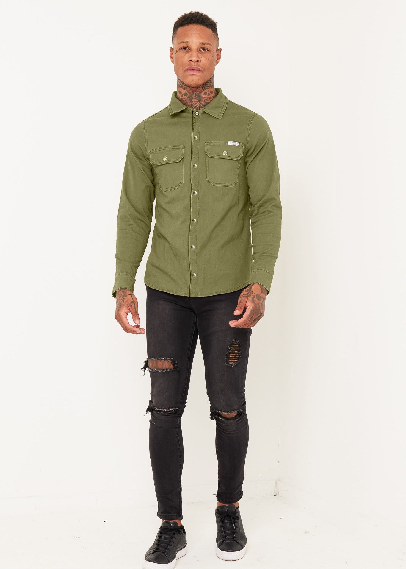 Liquor n Poker Muscle fit stretch denim shirt in Khaki - Liquor N Poker LIQUOR N POKER