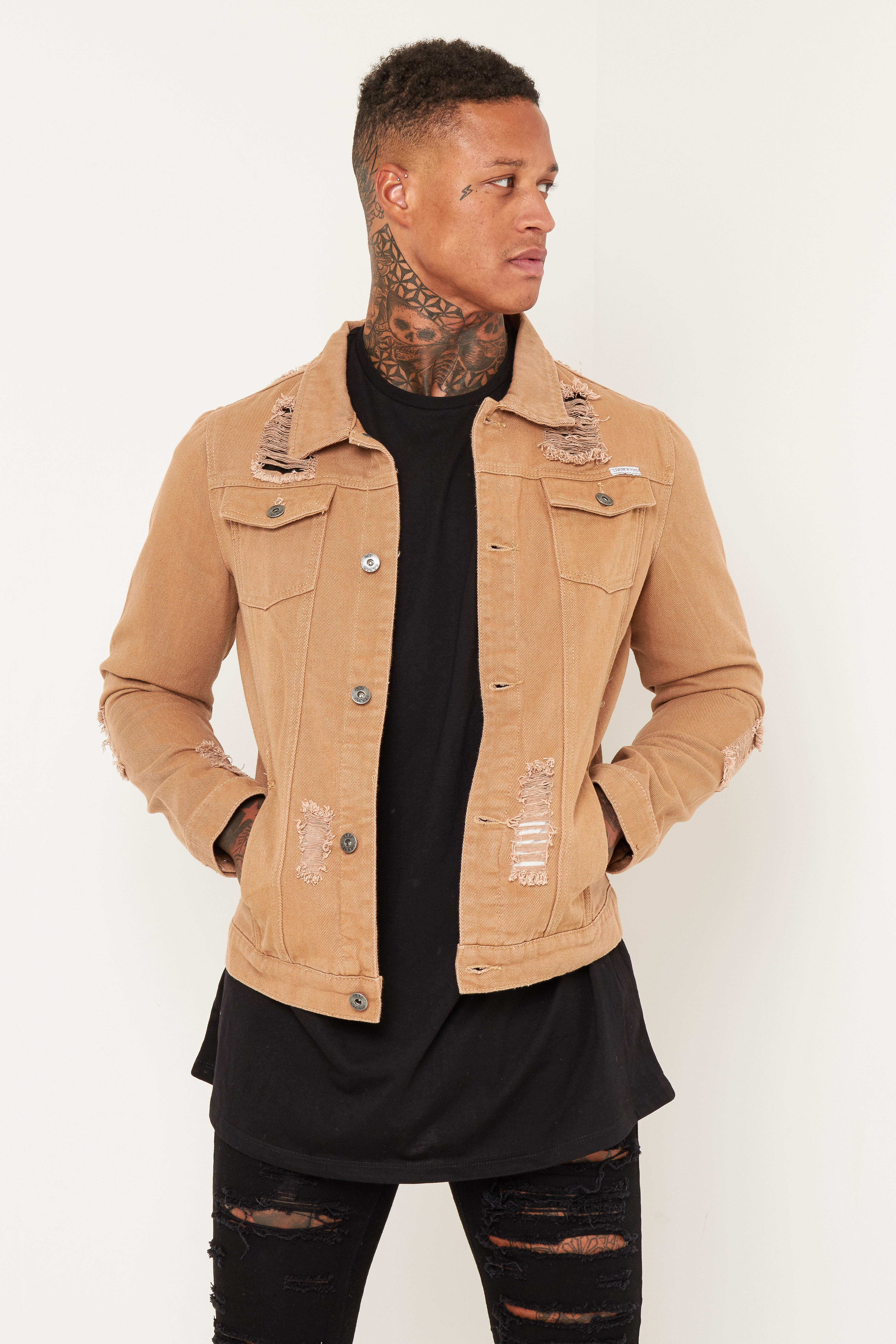 Norton Denim Jacket In Tan With Distressing