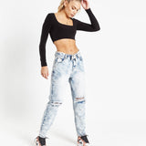 Ice-wash Ripped Knee Mom Jeans