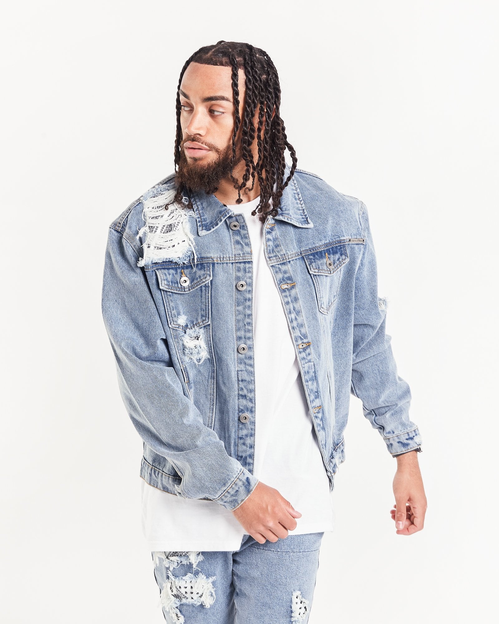 Westside Oversized Denim Jacket With Bandana Rip & Repair