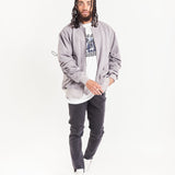 Grey Suede Rouched Sleeves Bomber Jacket