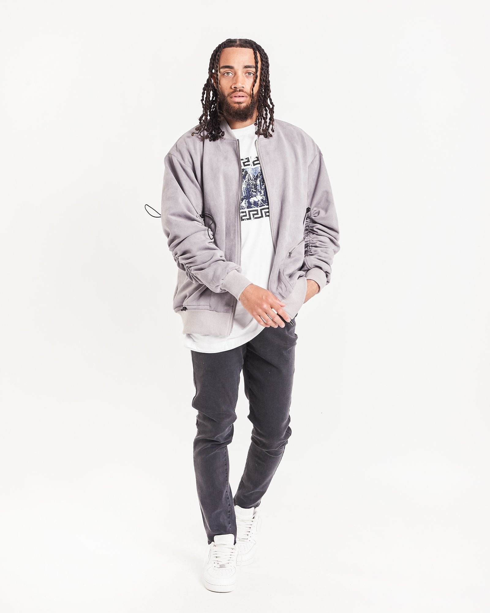 Grey Suede Rouched Sleeves Bomber Jacket