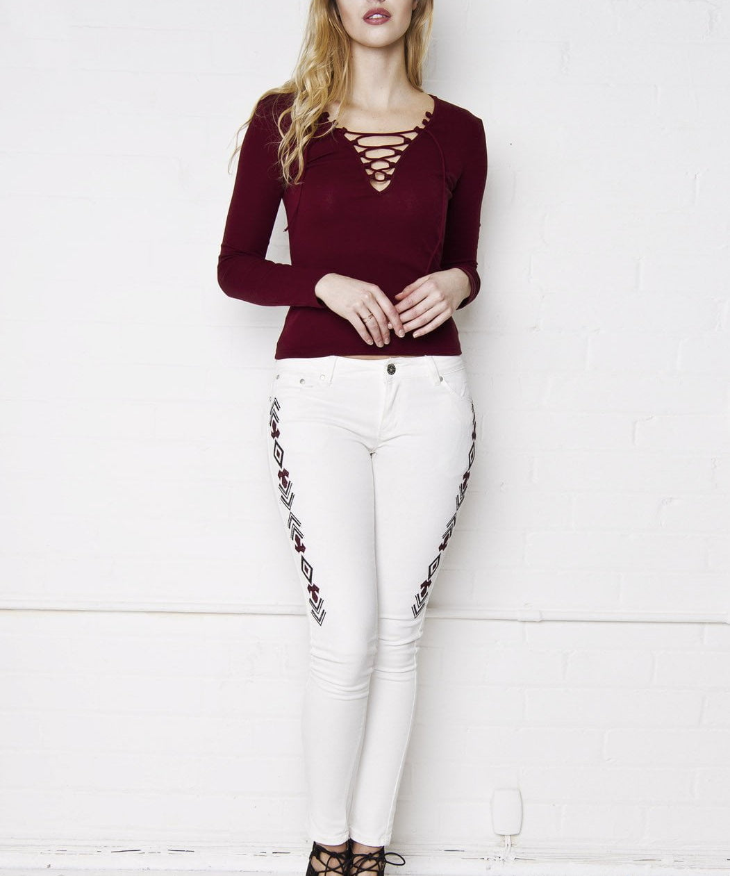 Shawnee Low Rise Skinny Jeans With Festival Aztec Embroidery - Liquor N Poker LIQUOR N POKER