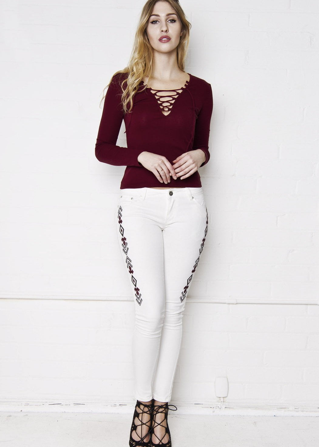 Shawnee Low Rise Skinny Jeans With Festival Aztec Embroidery - Liquor N Poker LIQUOR N POKER