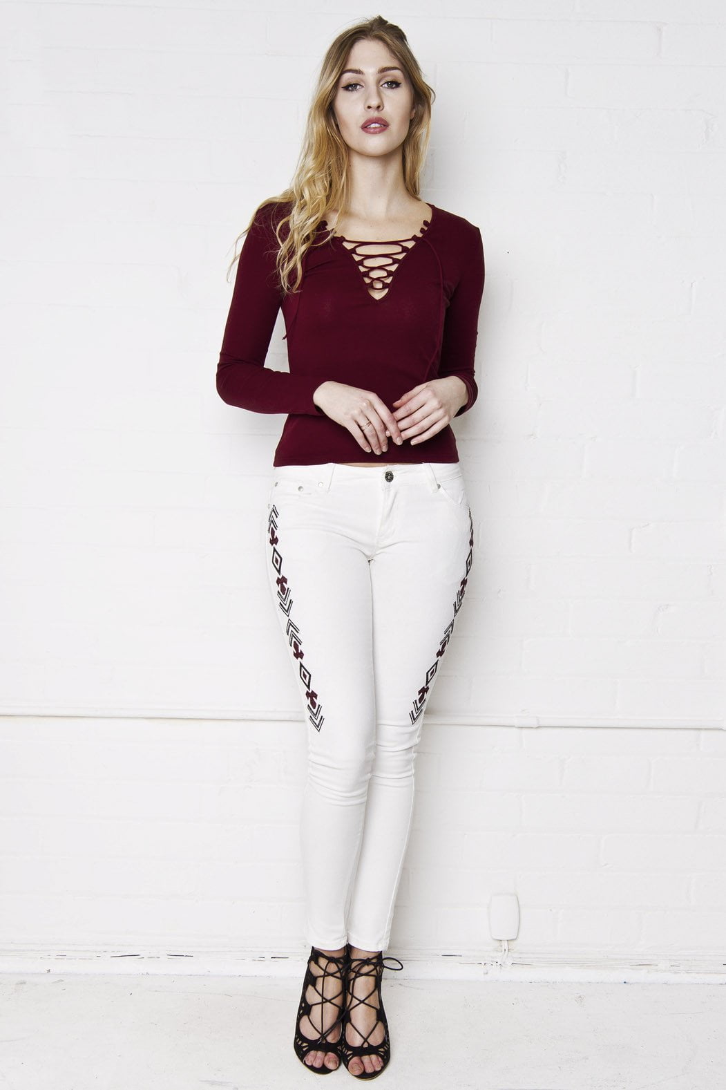 Shawnee Low Rise Skinny Jeans With Festival Aztec Embroidery - Liquor N Poker LIQUOR N POKER