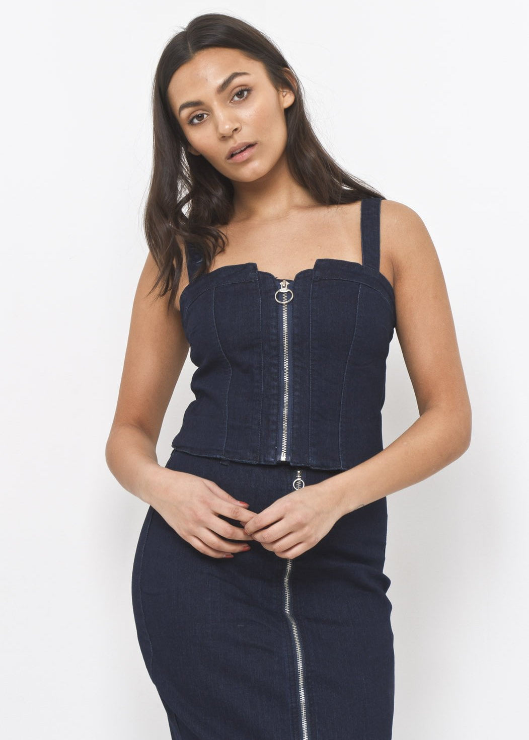 Denim Corset Top with Ring Pull Zipper - Liquor N Poker  LIQUOR N POKER