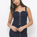 Denim Corset Top with Ring Pull Zipper - Liquor N Poker  LIQUOR N POKER