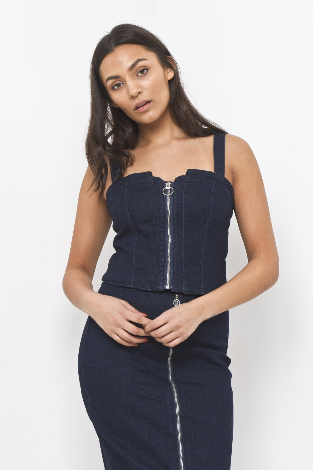 Denim Corset Top with Ring Pull Zipper - Liquor N Poker  LIQUOR N POKER