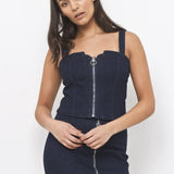 Denim Corset Top with Ring Pull Zipper - Liquor N Poker  LIQUOR N POKER