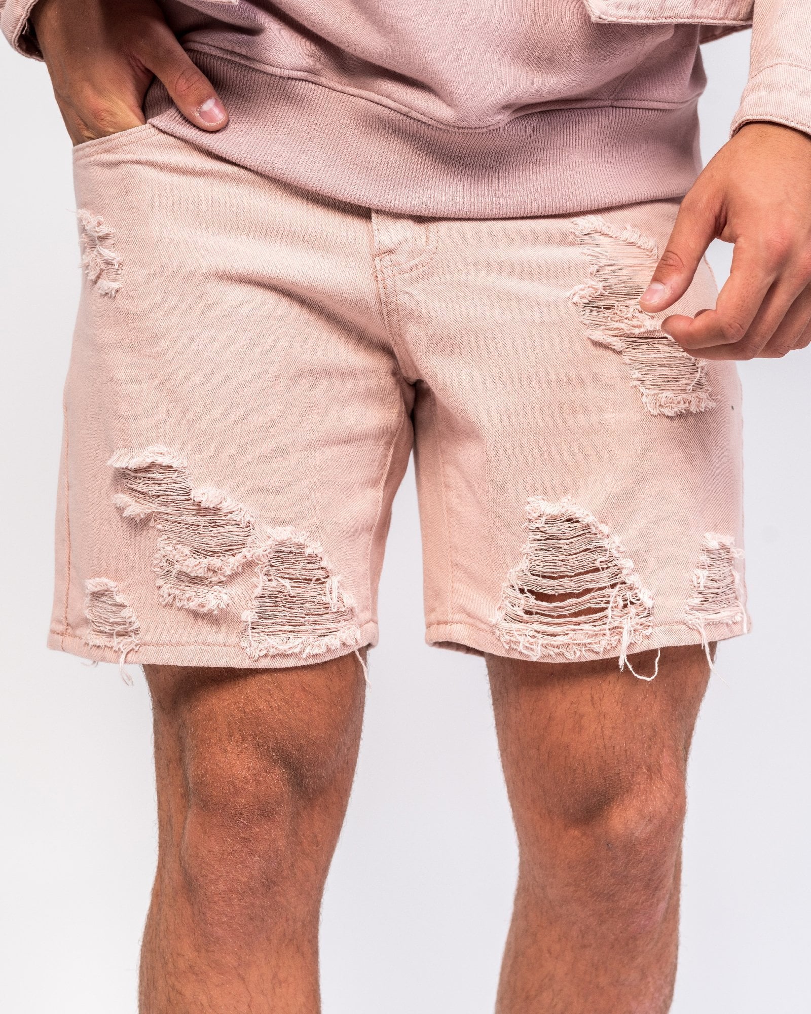 Relaxed Denim Shorts In Pink With Distressing