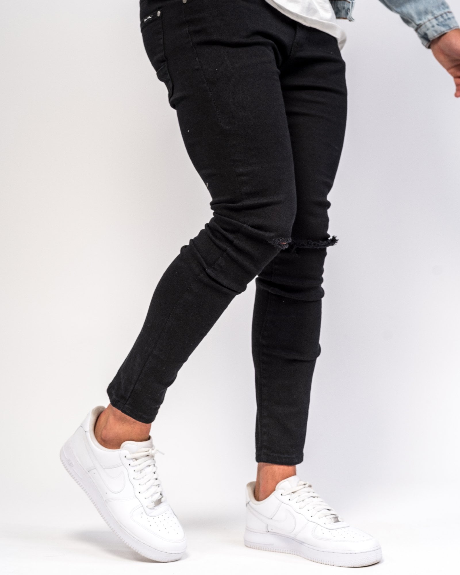 Logan Skinny Stretch Jeans in Light Black Twill with Ripped Knees