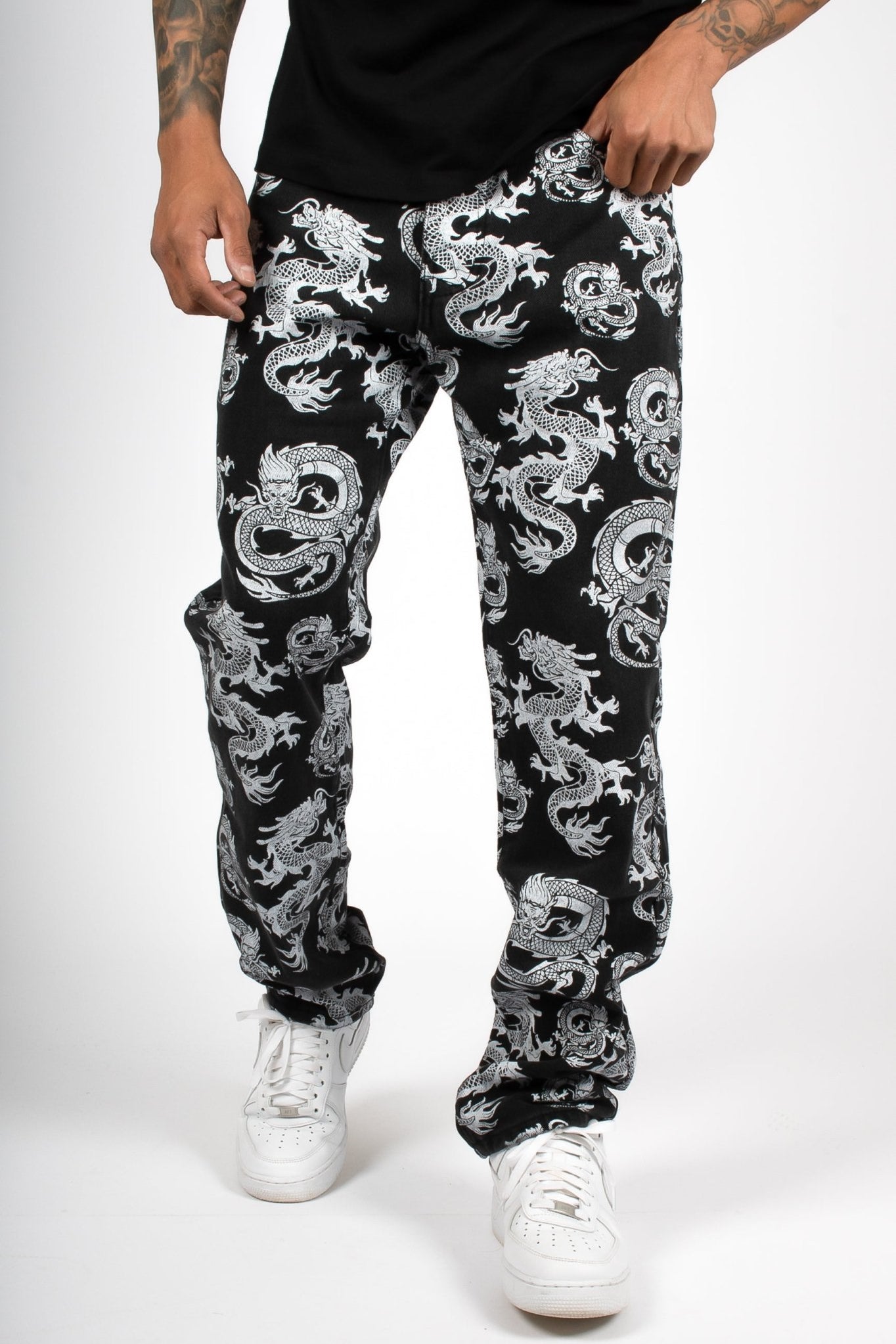 All - Over Dragon Print Straight Leg Black Jeans - Liquor n Poker