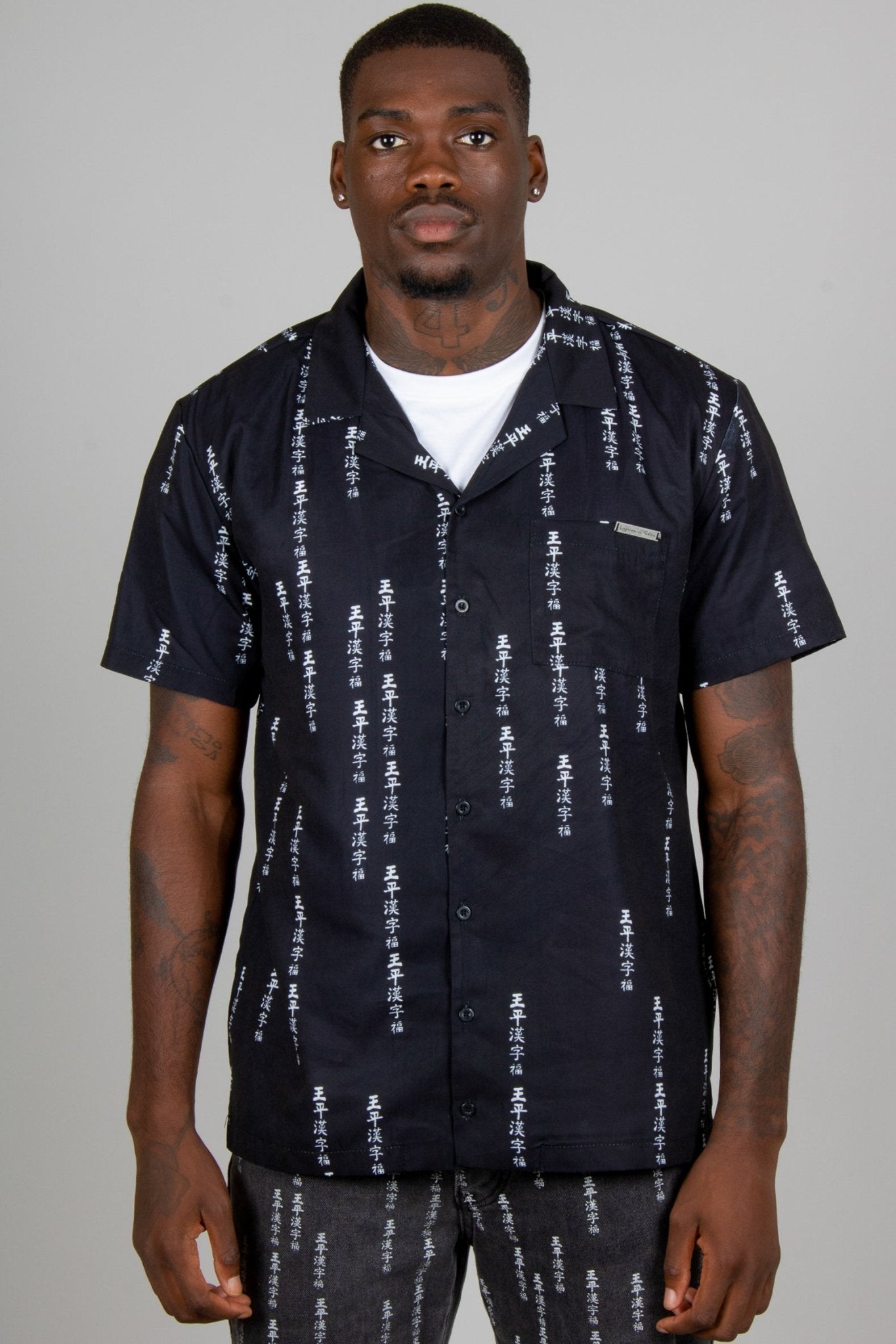 All - Over Japanese Text Short Sleeve Black Shirt - Liquor n Poker