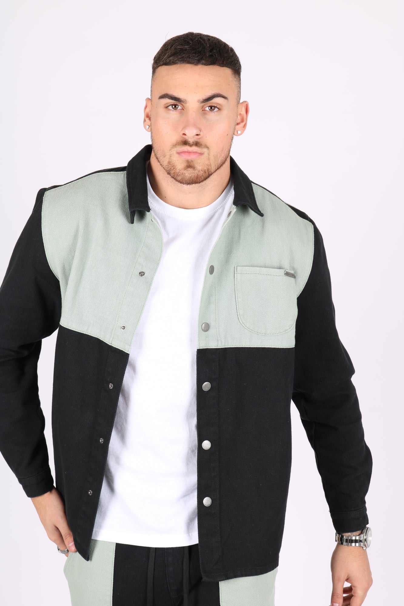 Black & Khaki Panelled Denim Shacket - Liquor n Poker