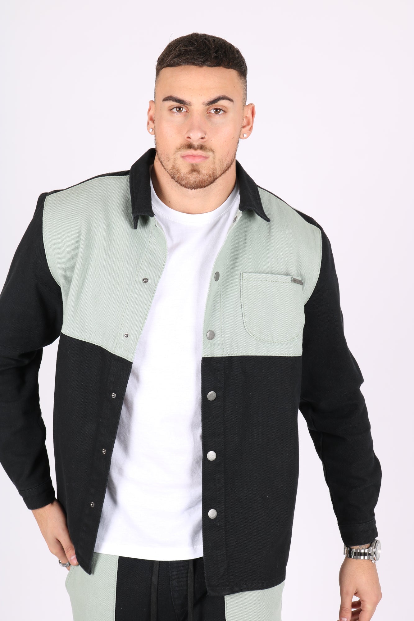 Black & Khaki Panelled Denim Shacket - Liquor n Poker