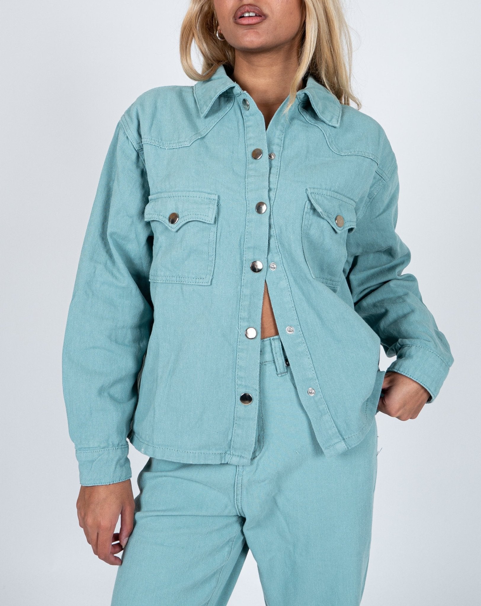 Boxy Western Shacket In Sage Green Denim - Liquor n Poker