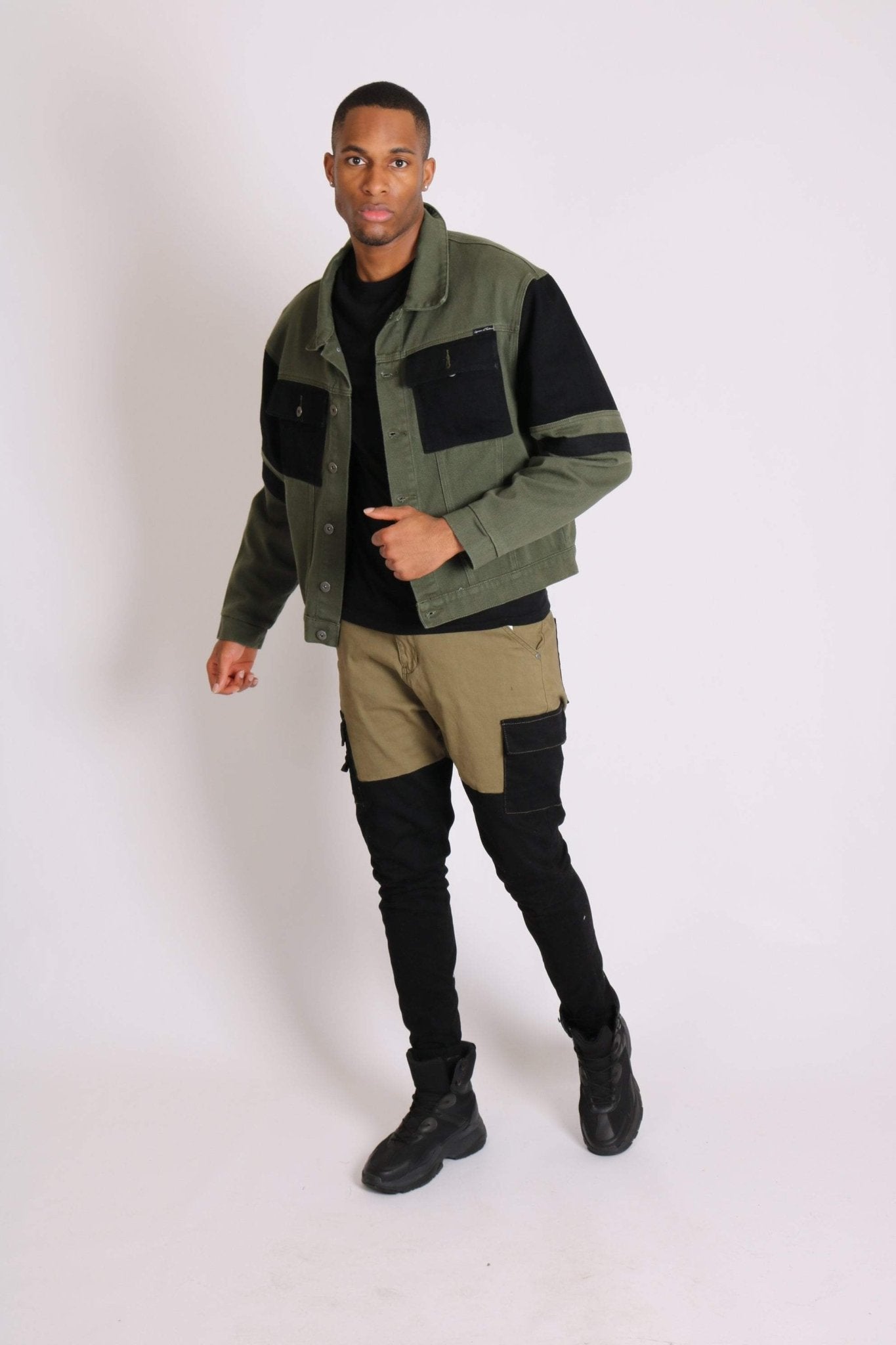 Faro Oversized Black & Khaki Contrast Utility Denim Jacket - Liquor n Poker