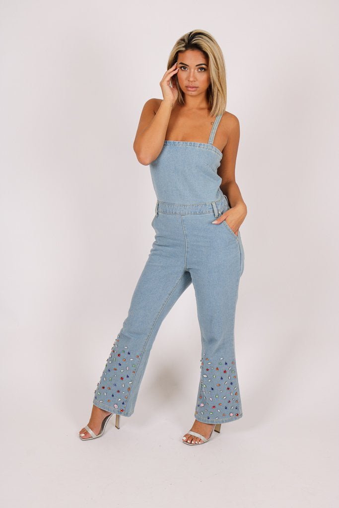 Gemstone Denim Jumpsuit With Kickflare And Gemstones - Liquor n Poker