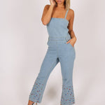 Gemstone Denim Jumpsuit With Kickflare And Gemstones - Liquor n Poker