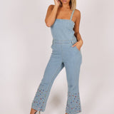 Gemstone Denim Jumpsuit With Kickflare And Gemstones - Liquor n Poker