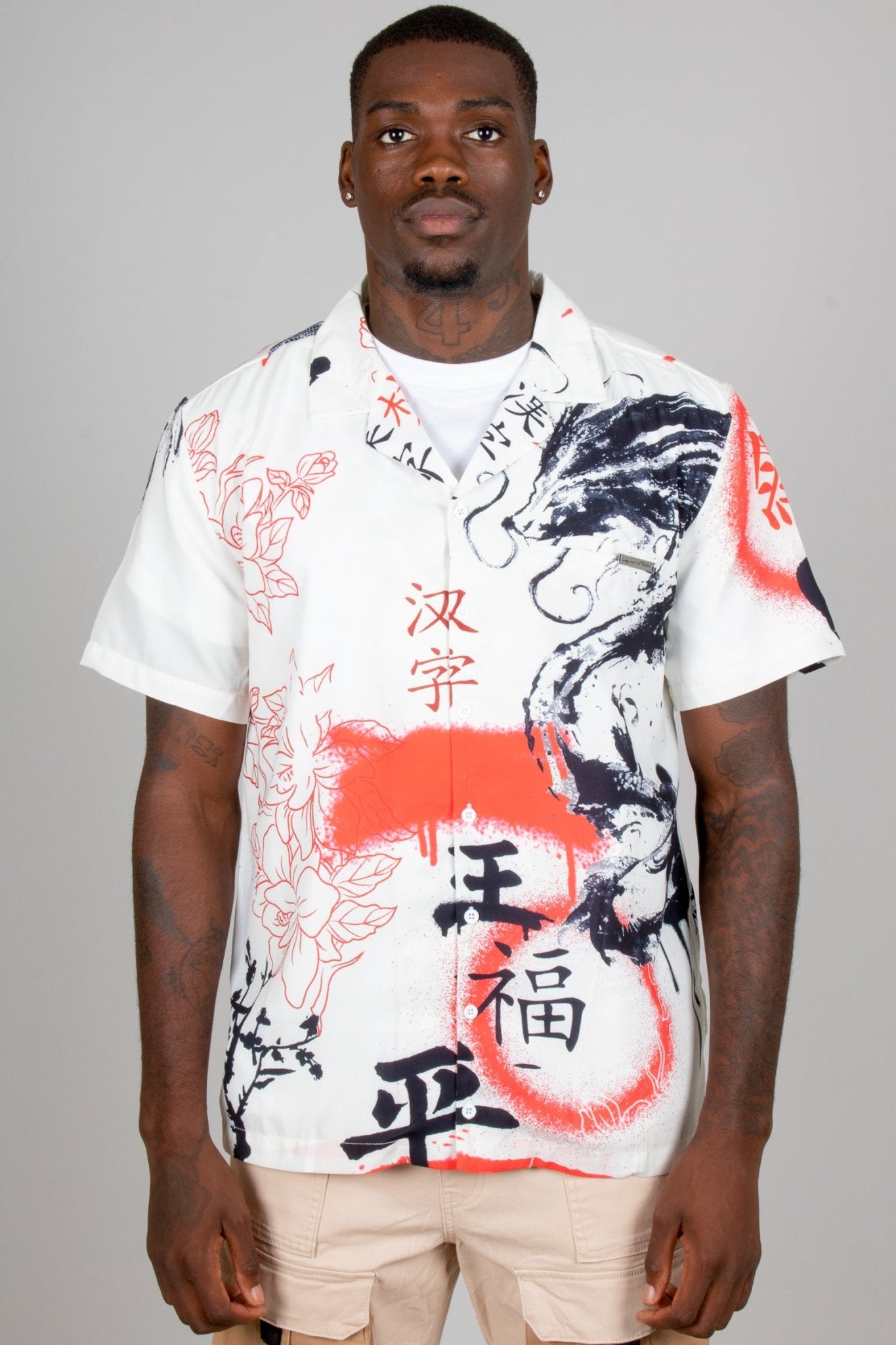 Graffiti Dragon Print Short Sleeve Shirt In White - Liquor n Poker
