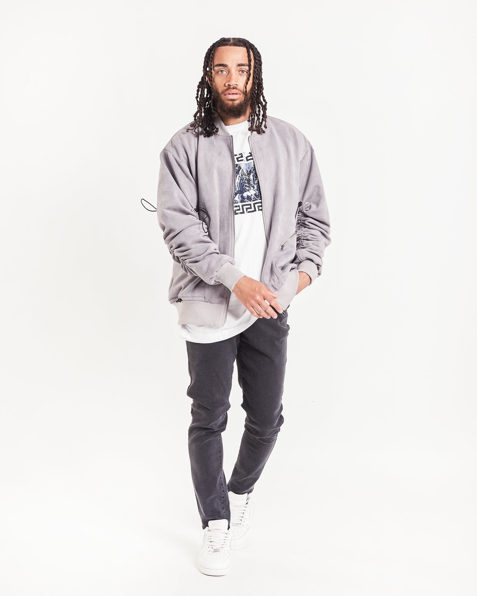Grey Suede Rouched Sleeves Bomber Jacket - Liquor n Poker