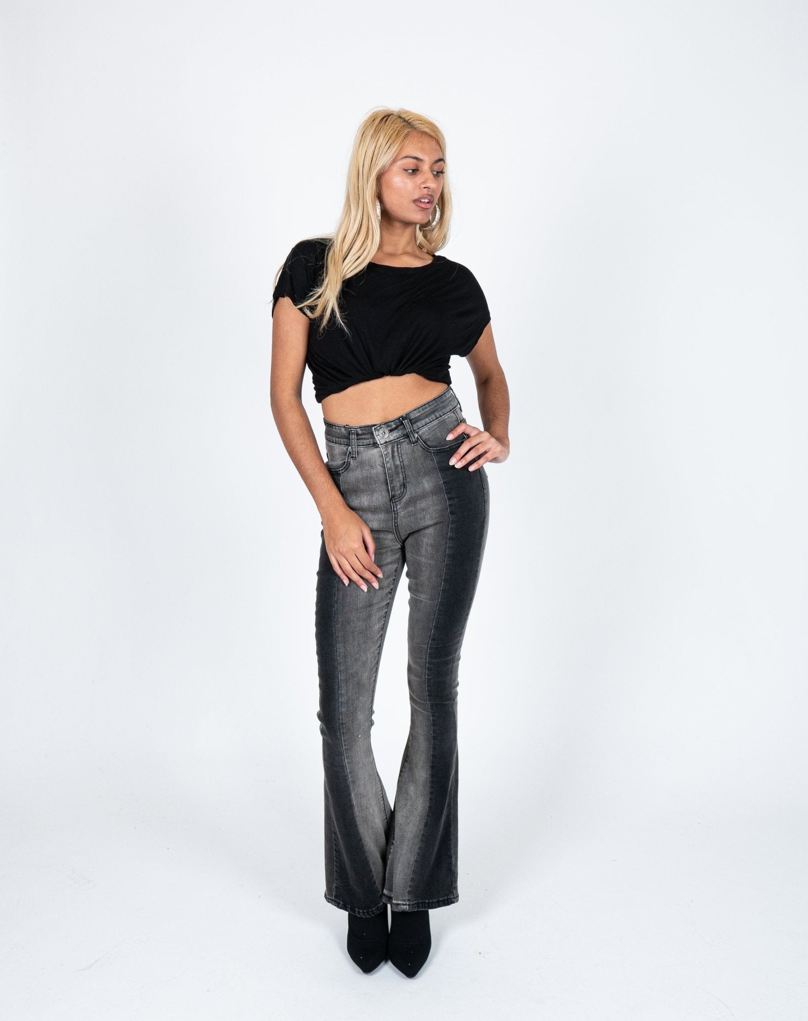 High Rise Skinny Two Tone Denim Flare In Washed Black - Liquor n Poker