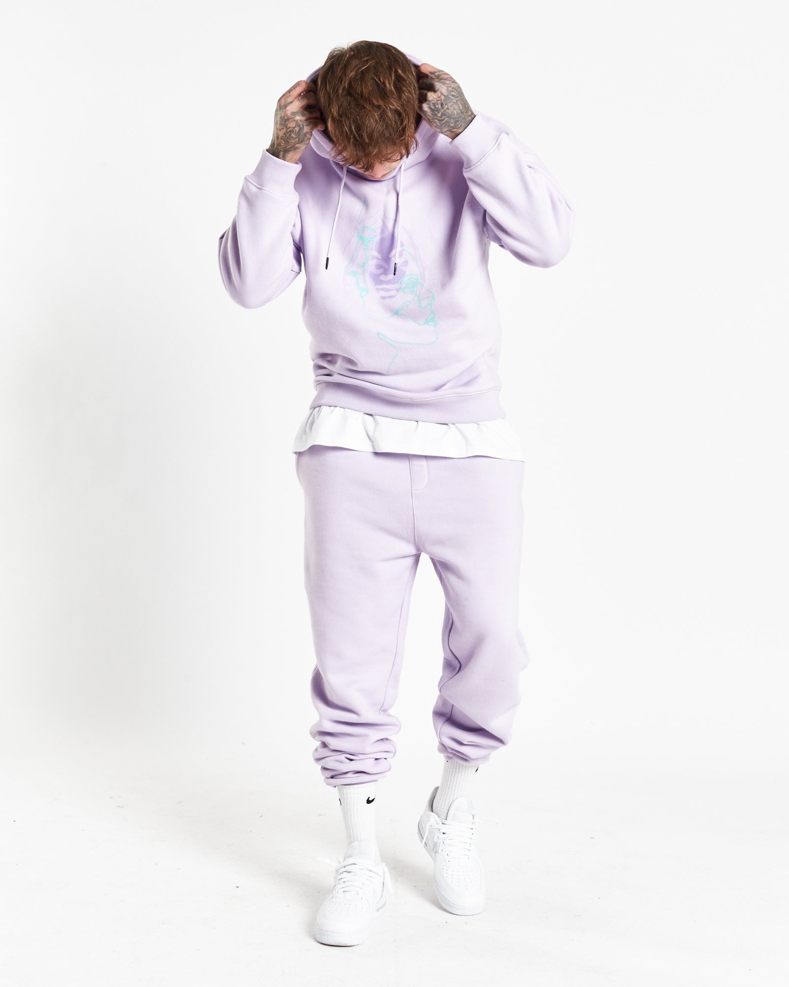 Illustrated Faces Relaxed Hoody In Lilac - Liquor n Poker