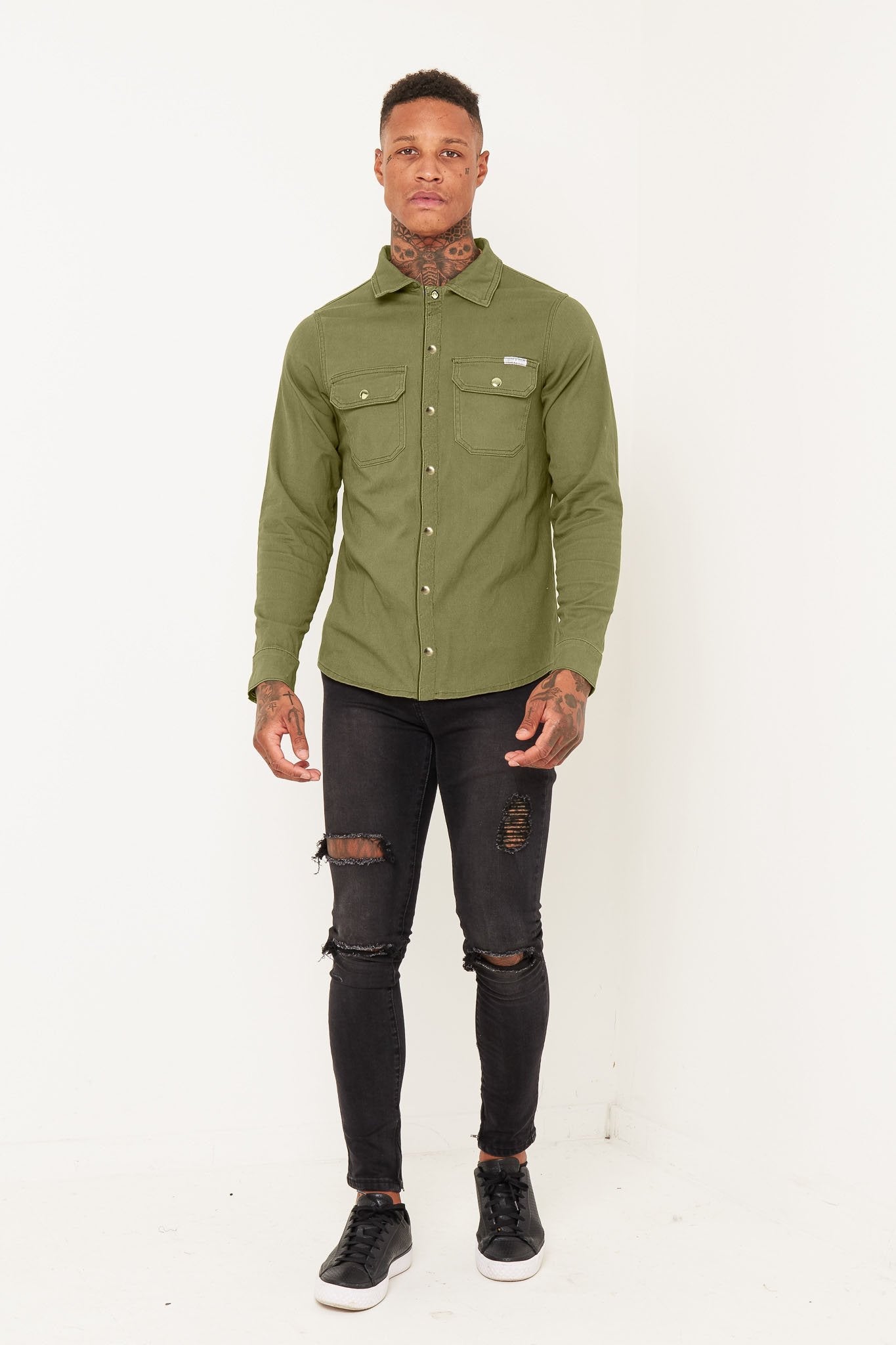 Khaki Muscle Fit Denim Shirt - Liquor n Poker