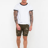 Khaki Ripped Skinny Stretch Denim Shorts - Liquor n Poker
