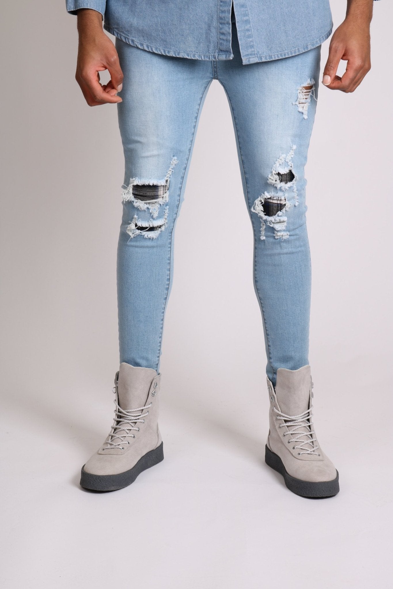 Liquor N Poker Skinny Jeans With Rip And Repair Tartan Detail - Liquor n Poker