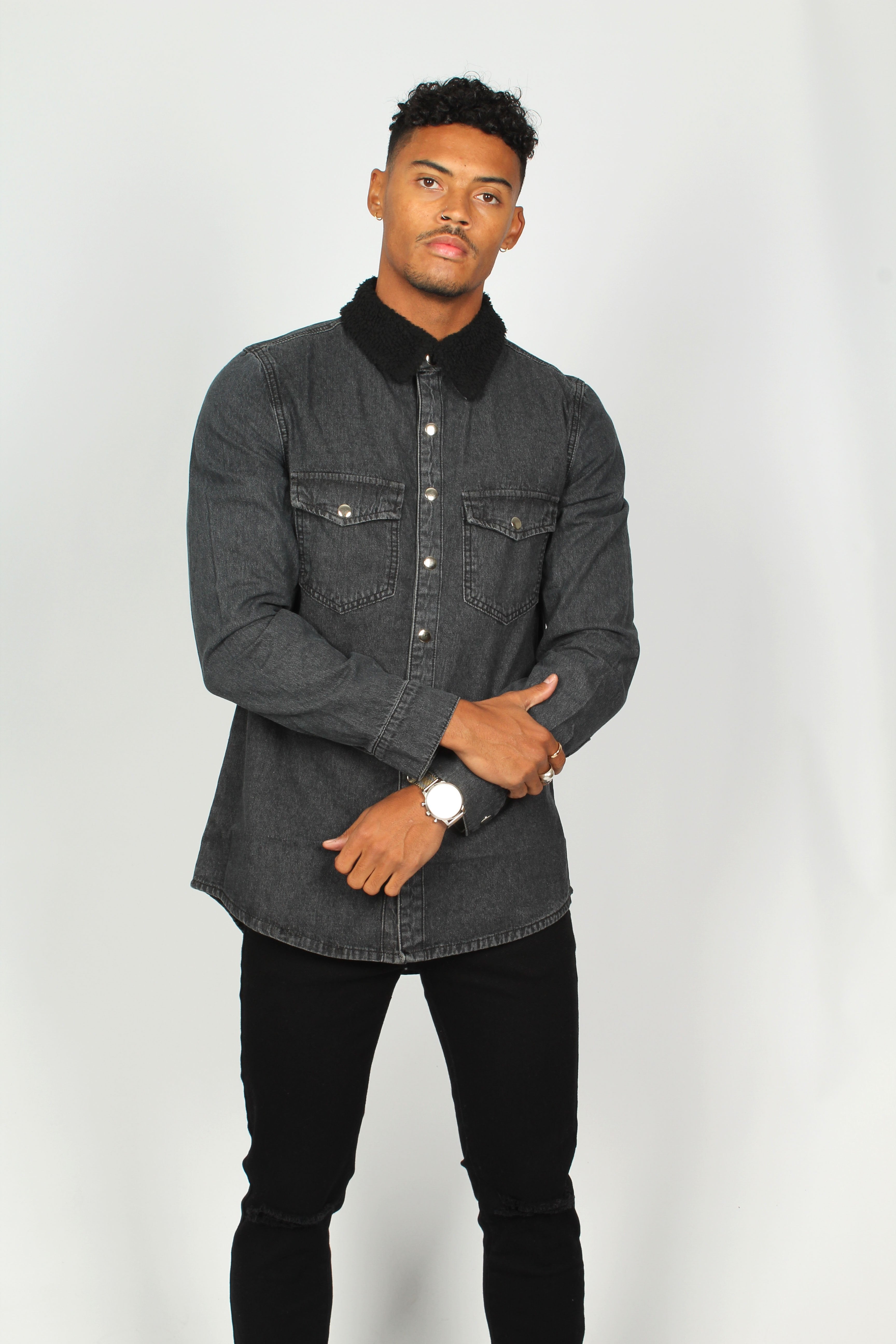 Black Denim Shirt With Borg Collar - Liquor N Poker LIQUOR N POKER