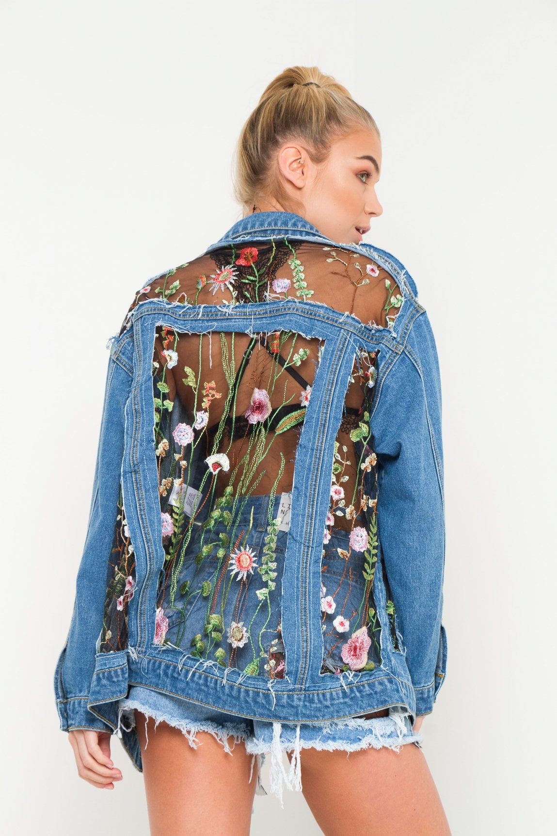 BOYFRIEND DENIM JACKET WITH EMBROIDERY MESH INSERTS - Liquor N Poker LIQUOR N POKER