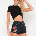 TEXAS HIGH RISE DENIM SHORTS WITH ROSE APPLIQUE AND STUDS - Liquor N Poker LIQUOR N POKER