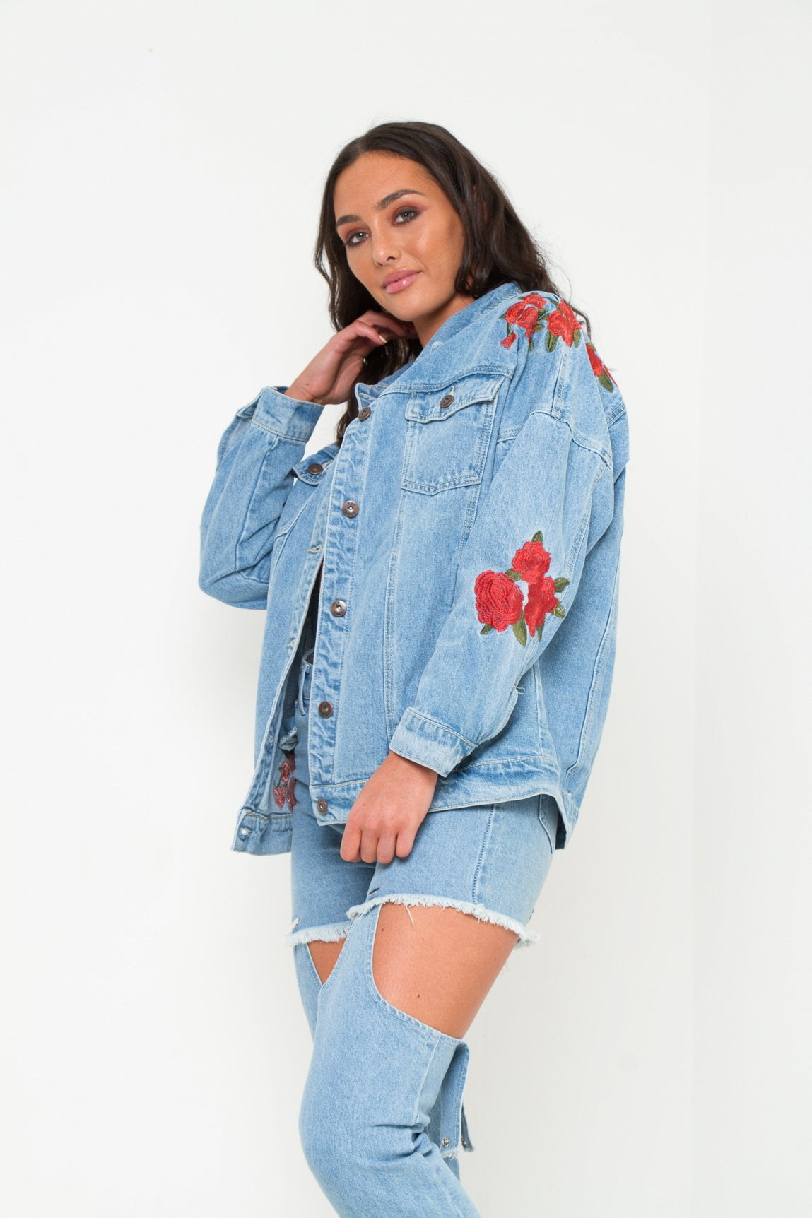 Boyfriend Stonewash Rose Embroidered Denim Jacket - Liquor N Poker LIQUOR N POKER