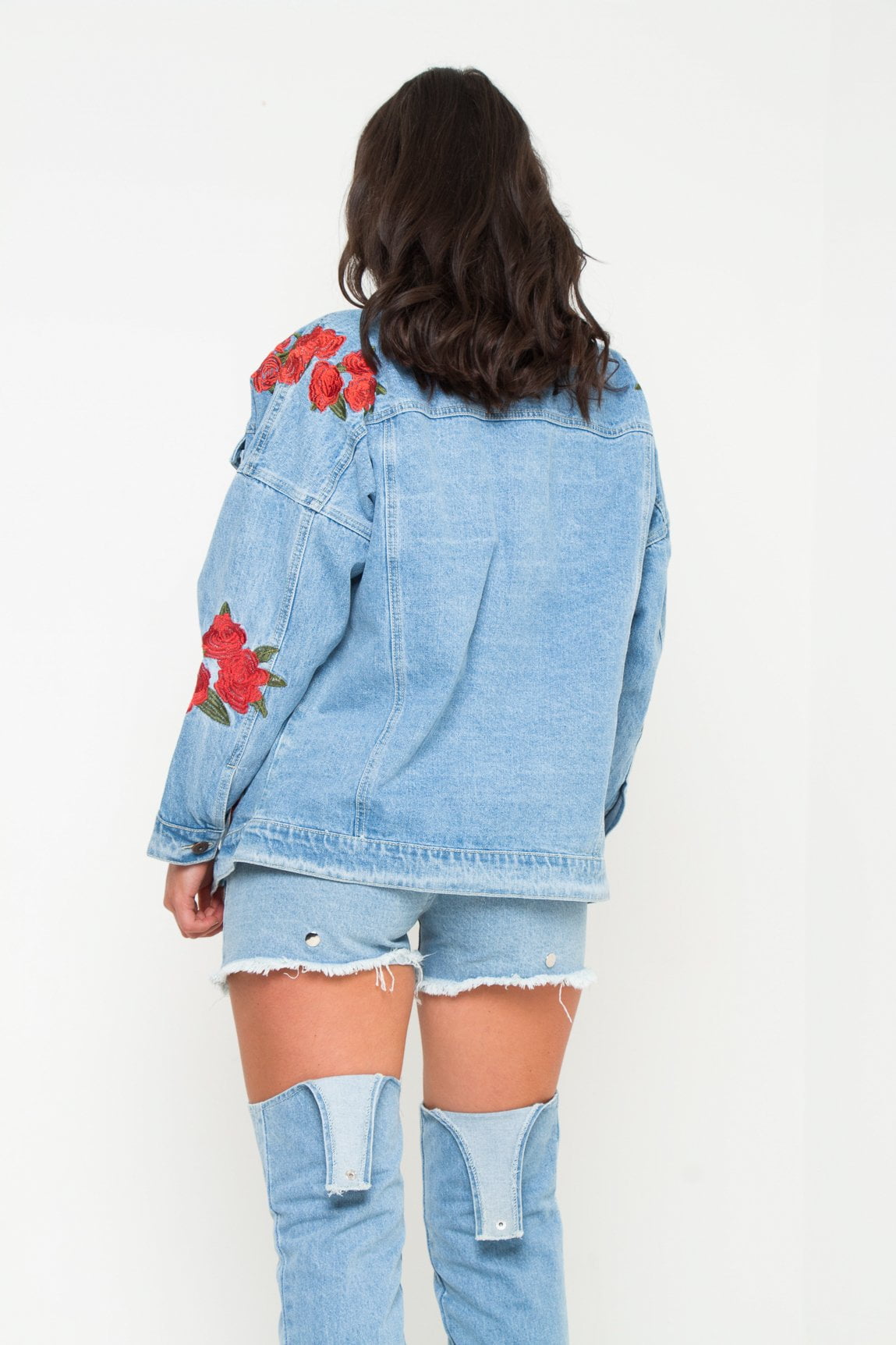 Boyfriend Stonewash Rose Embroidered Denim Jacket - Liquor N Poker LIQUOR N POKER