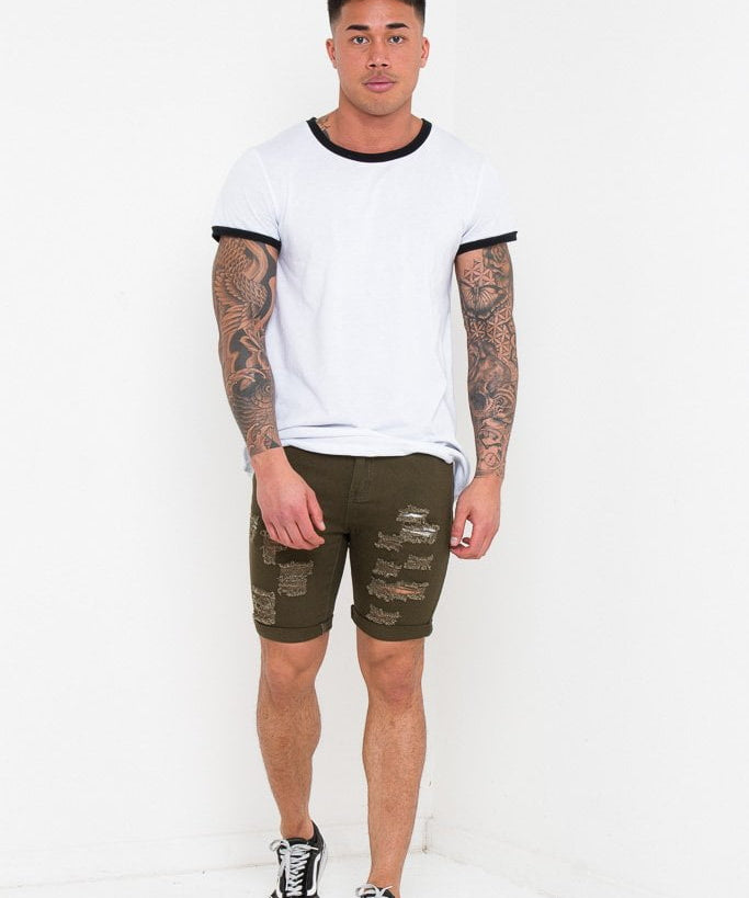 SKINNY FIT STRETCH DENIM SHORTS WITH RIPS IN KHAKI - Liquor N Poker LIQUOR N POKER