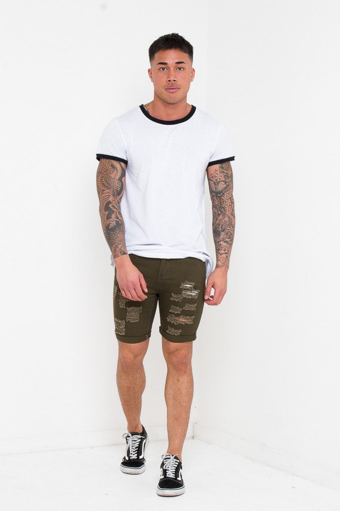 SKINNY FIT STRETCH DENIM SHORTS WITH RIPS IN KHAKI - Liquor N Poker LIQUOR N POKER