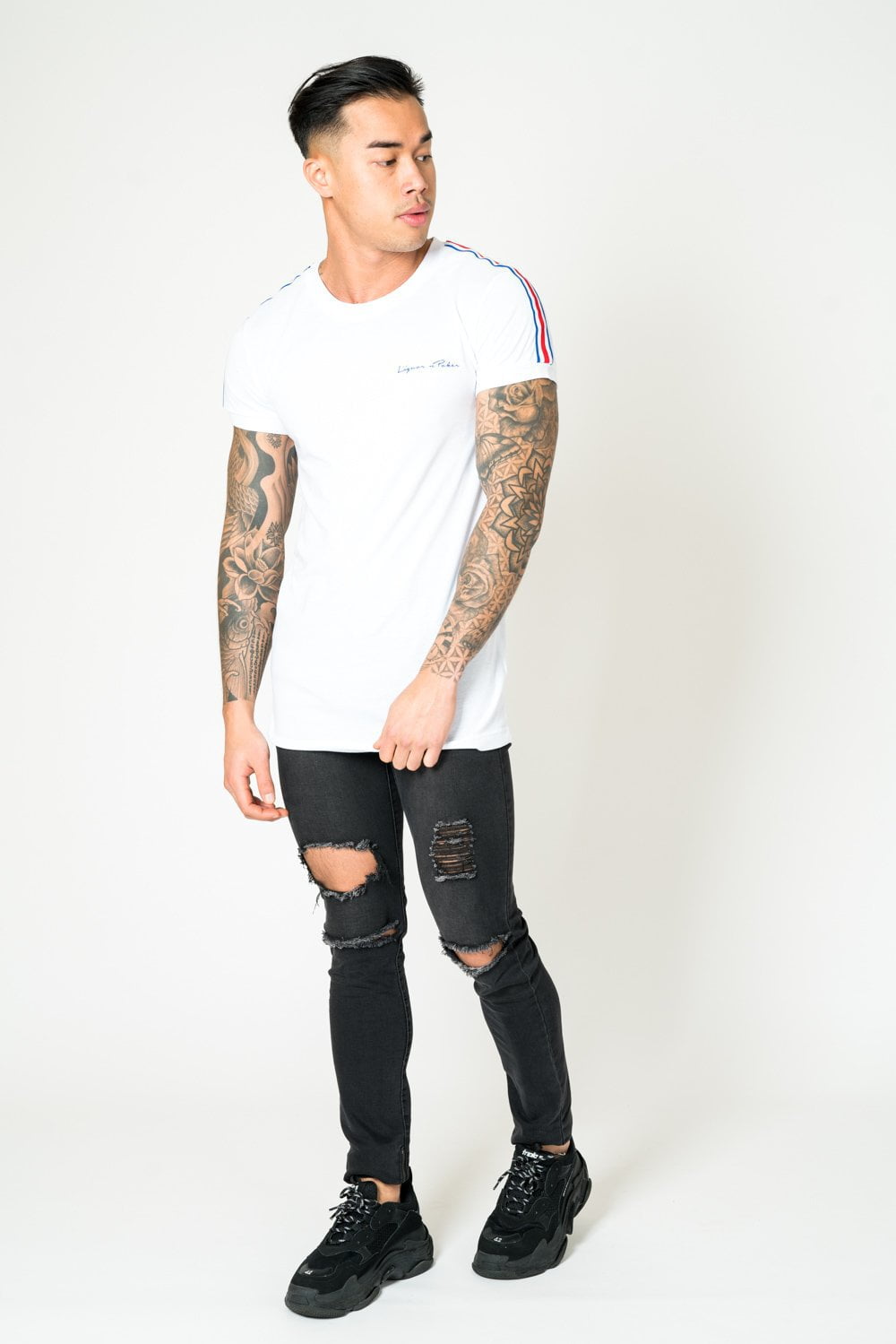 Muscle Fit White Tee With Red And Blue Sports Stripe - Liquor n Poker