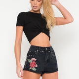 Texas High Rise Denim Shorts With Rose Applique And Studs - Liquor n Poker