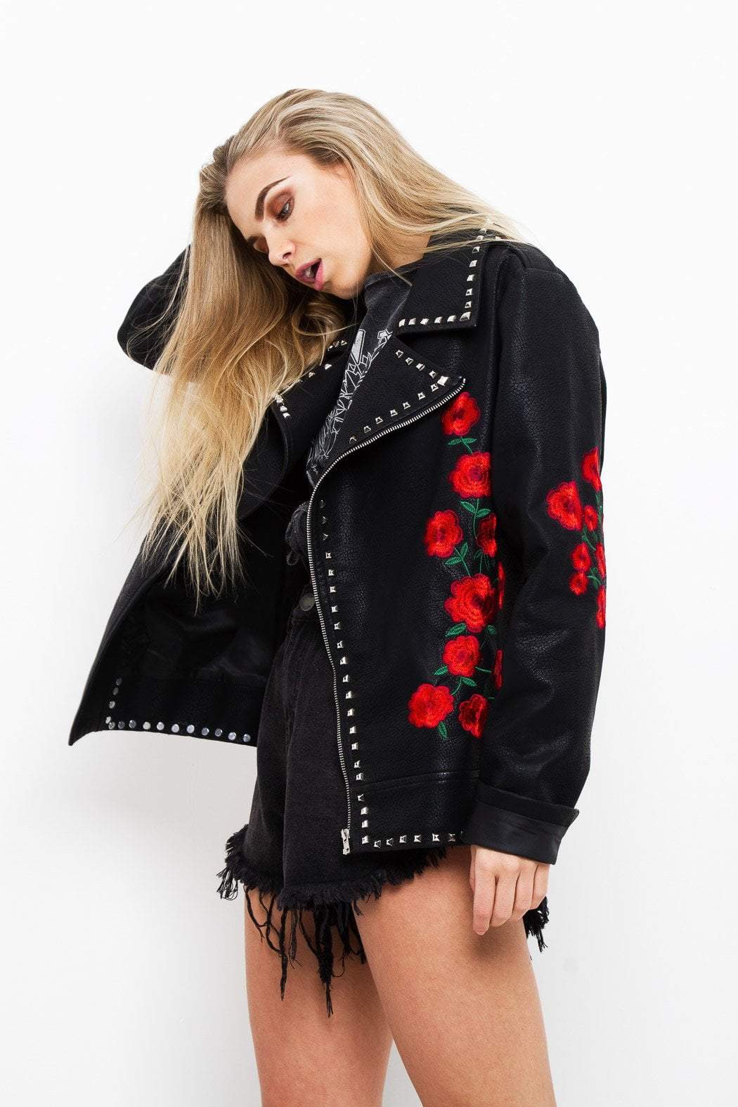Roses Are Red Embroidered & Studded PU Jacket - Liquor N Poker LIQUOR N POKER